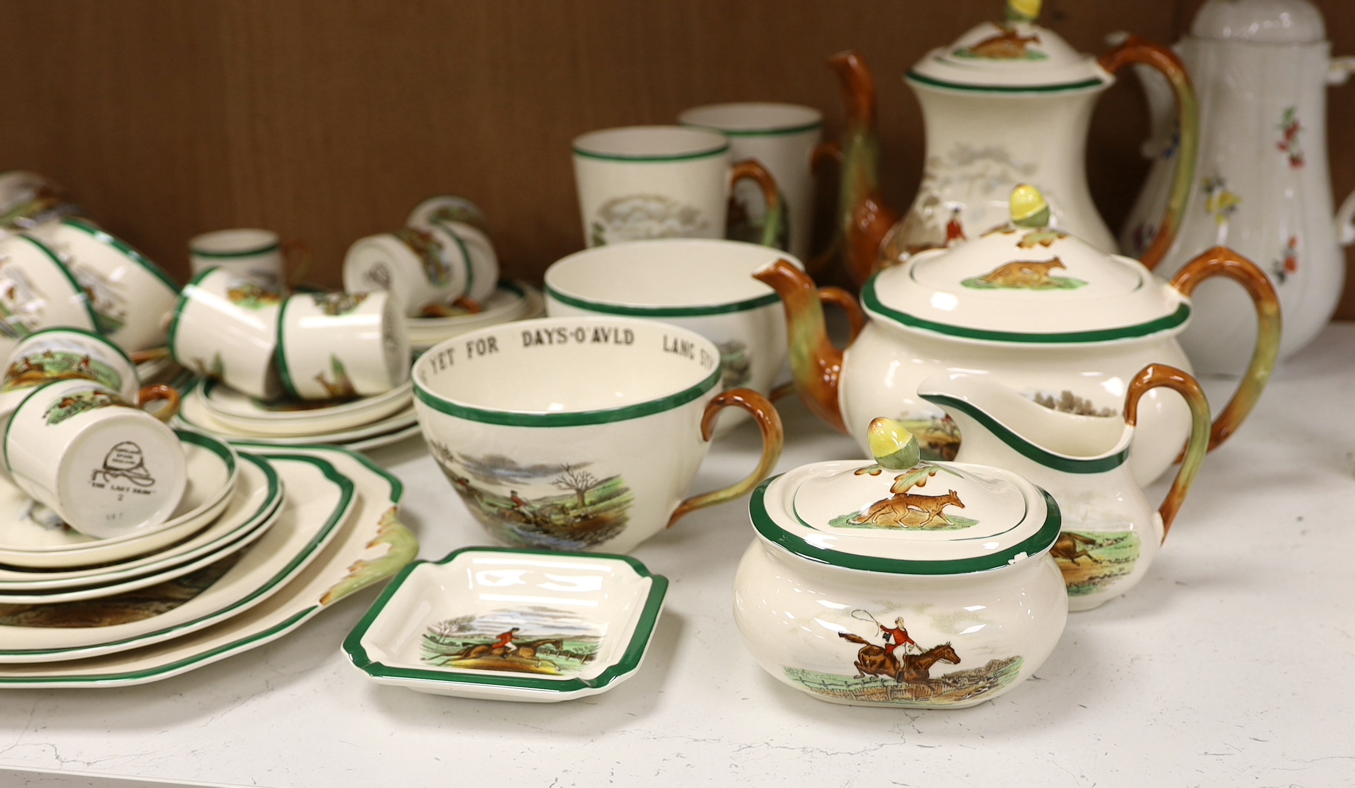 A Copeland Spode hunting pattern tea / coffee set including coffee pot, tea pot and trios, together with a Bavarian floral porcelain coffee pot, largest 22cm high